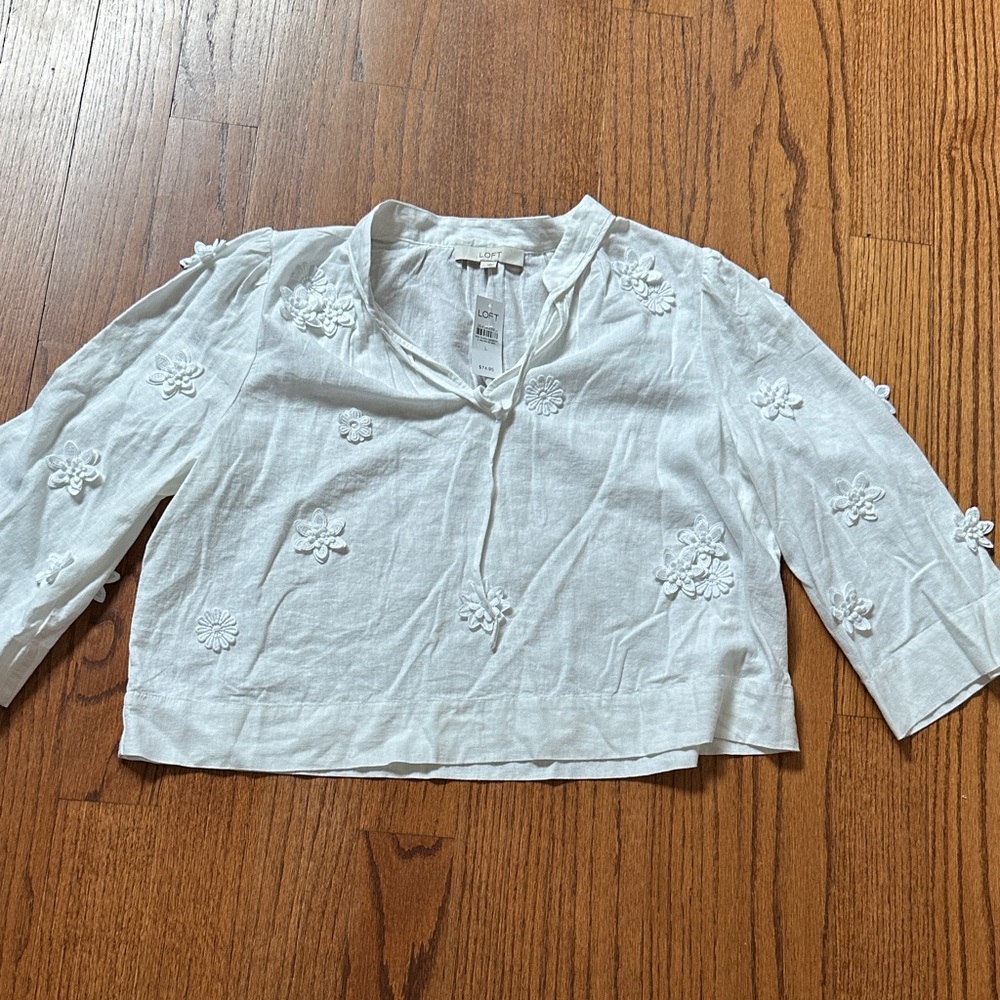 LOFT White Floral Embroidered Linen Blouse